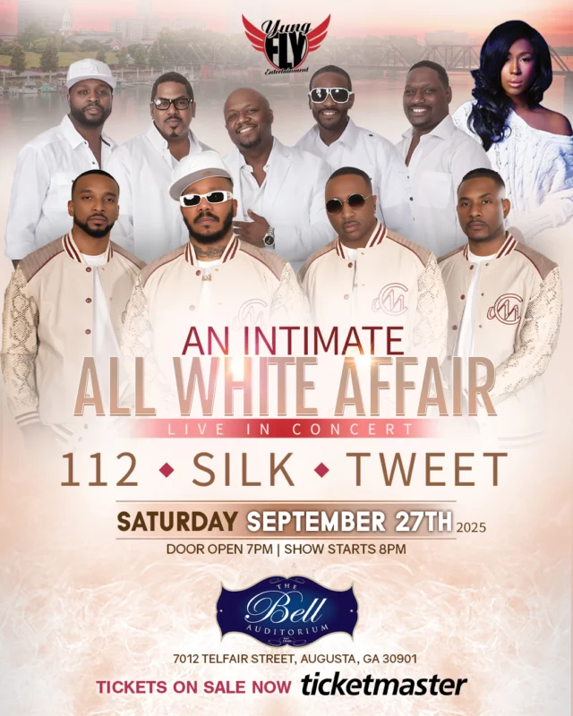 AUGUSTA! Don't miss An Intimate All White Affair with 112, Silk, and Tweet at the Bell Auditorium on Saturday, September 27th! 

Get tickets now 🎟 link in bio

#112 #silk #tweet #allwhiteaffair #music #concert
