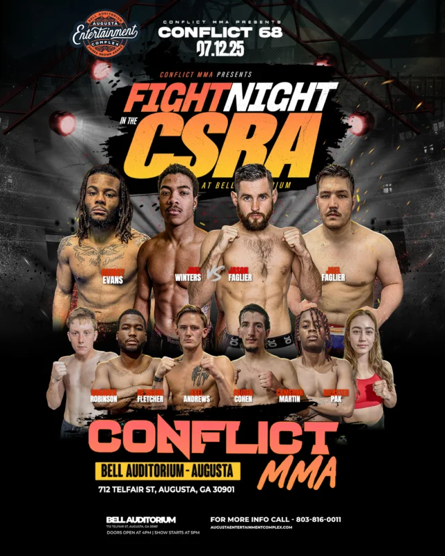 *JUST ANNOUNCED* Conflict MMA presents Fight Night in the CSRA to the Bell Auditorium on July 12th!

Tickets go on sale Thursday, May 22nd at 10AM! 

#mma #conflictmma #fightnightinthecsra #csra #augustaga #downtownaugusta