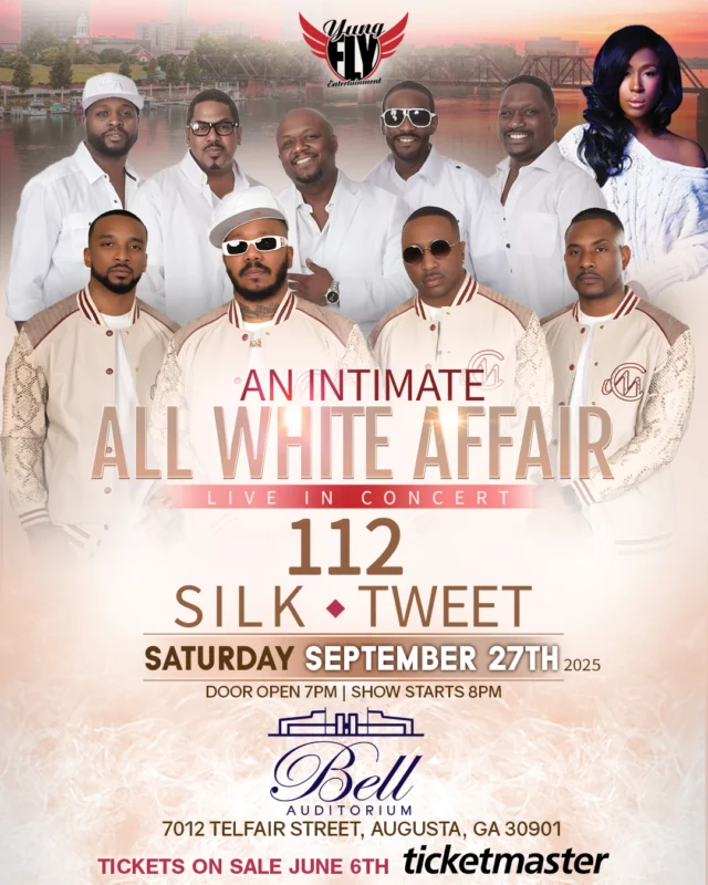 Just Announced!🎉Get your fit for the night ready because R&B superstars 𝟏𝟏𝟐, 𝐒𝐢𝐥𝐤 & 𝐓𝐰𝐞𝐞𝐭  are coming to the Bell Auditorium for An Intimate All White Affair on Saturday, September 27!🎶

🎟 Tickets go on sale this Friday, June 6 at 10AM!

#yungflyentertainment #112 #silk #tweet #bellauditorium #augustaga #augustageorgia #downtownaugusta #loveaugusta #visitaugusta #csra
