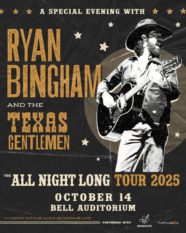*JUST ANNOUNCED* Ryan Bingham and The Texas Gentlemen are bringing The All Night Long Tour 2025 to the Bell Auditorium on October 14th!

Tickets on sale Friday, July 25th at 10AM. 

#ryanbingham #thetexasgentlemen #augustaga #downtownaugusta #csra #concert #bellauditorium #theallnightlongtour