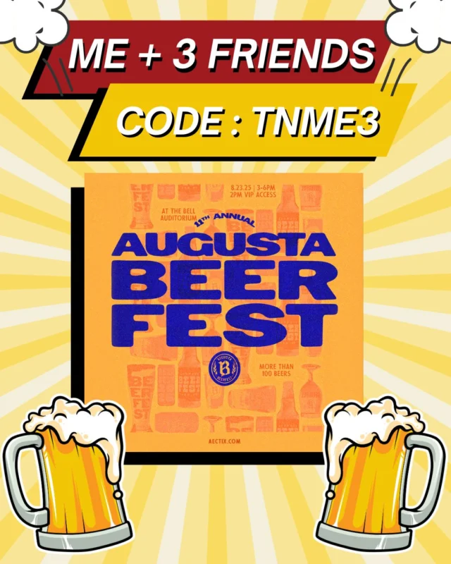 🍻𝐌𝐄 + 𝟑 = 𝐁𝐄𝐄𝐑𝐅𝐄𝐒𝐓 𝐁𝐋𝐈𝐒𝐒! 🍻

Grab Your Crew & Snag this Ticket Deal! Get 4 tickets for the price of 3 to Augusta Beerfest- happening August 23rd at the Bell Auditorium!

 CHEERS to savings with code 𝐓𝐌𝐍𝐄𝟑 🍻 link in bio

Online only with code TNME3. Limited time offer ends Sunday, August 17th at 11:59PM.