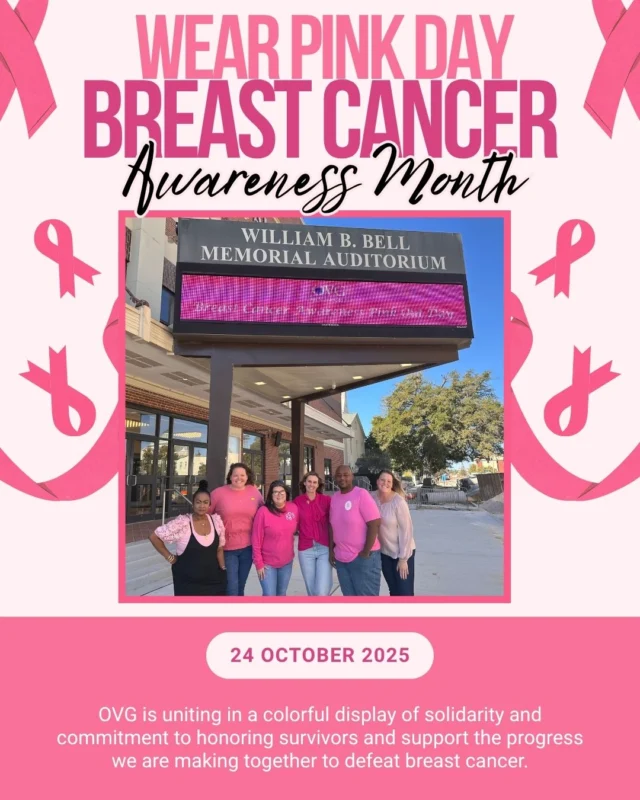 @oakviewgroup  is uniting in a colorful display of solidarity and commitment to honoring survivors and support the progress we are making together to defeat breast cancer. The Bell Auditorium staff had a Pink Out Day in order show our support behind this initiative. 

#BreastCancerAwarenessMonth #pinkoutday #wearpink #support #bellauditorium