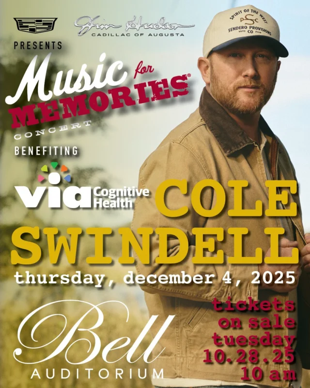 *ON SALE NOW* Jim Hudson Cadillac presents Music for Memories featuring country star Cole Swindell at the Bell Auditorium on December 4th, 2025. 

Get tix now at Ticketmaster! Link in bio 🎟

#coleswindell #bellauditorium #viacognitivehealth #concert #musicformemories