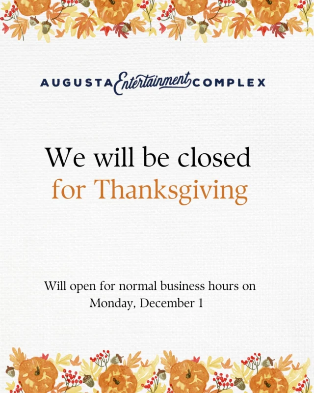 Hi y'all! 👋 Our administrative and the SRP Box Office at the Bell Auditorium will be closed November 27 & 28 in observance of the Thanksgiving holiday. 🦃  If you're wanting to purchase tickets to an upcoming event, Ticketmaster.com is open 24/7.