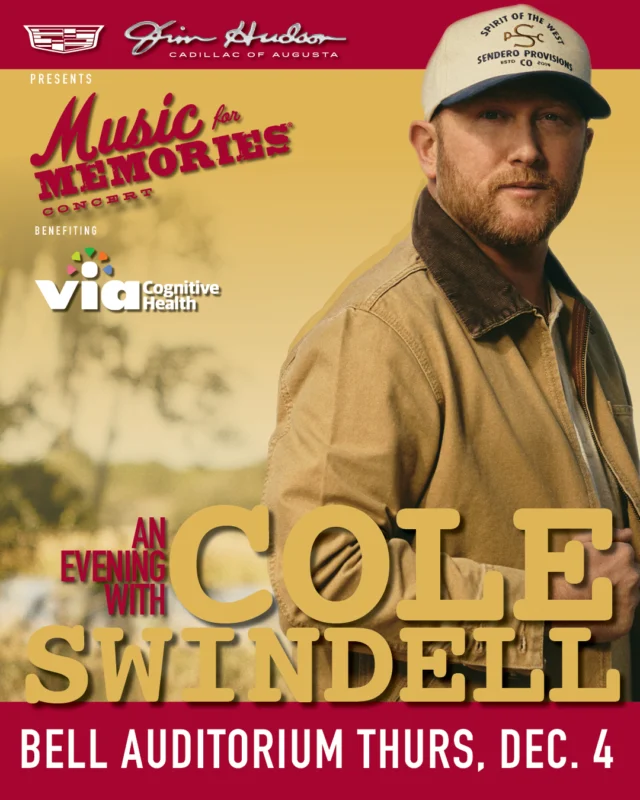 NEXT WEEK! 🎶 Don't miss Jim Hudson Cadillac presents 𝐌𝐮𝐬𝐢𝐜 𝐟𝐨𝐫 𝐌𝐞𝐦𝐨𝐫𝐢𝐞𝐬 𝐟𝐞𝐚𝐭𝐮𝐫𝐢𝐧𝐠 𝐂𝐨𝐥𝐞 𝐒𝐰𝐢𝐧𝐝𝐞𝐥𝐥! Catch him live on 12/4! Proceeds benefit Via Cognitive Health. 

🎟Get tix now at Ticketmaster!

#coleswindell #musicformemories #viacognitivehealth #bellauditorium #entertainaugusta #loveaugusta #visitaugusta #downtownaugusta #augustaliveevents