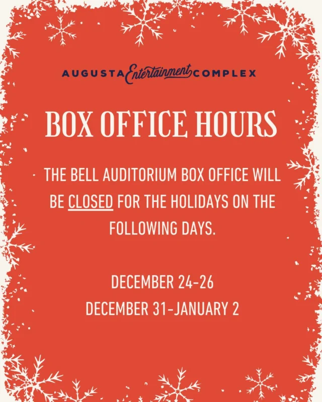 Hey y'all!  The SRP Box Office at the Bell Auditorium will be closed on select days during the holidays starting December 24. ☃️ 

If you want to purchase tickets for one of our upcoming events, Ticketmaster.com is open 24/7.